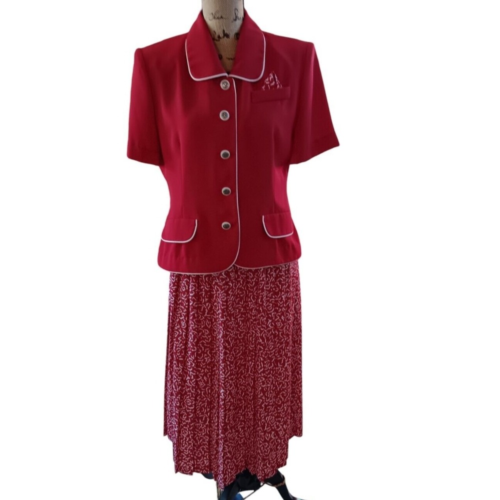 Leslie Fay women's Red 2 piece Jacket pleated elastic skirt set size 10 AA326